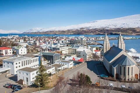 Akureyrarkirkja stands proudly above the town with panoramic views