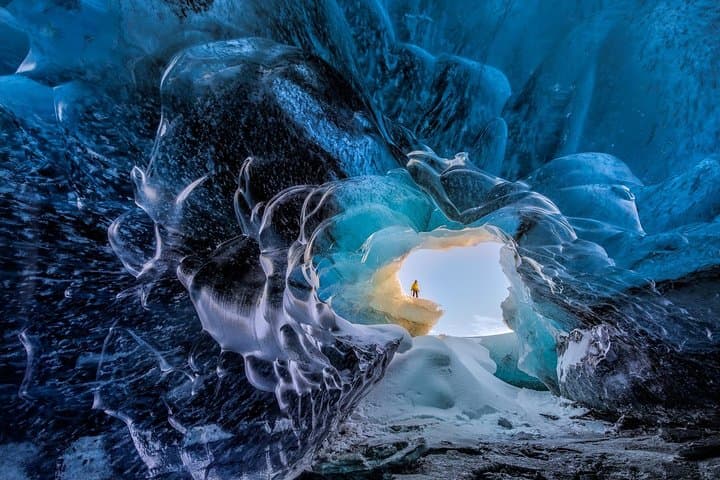 A person prepared to explore an ice cave in Iceland.