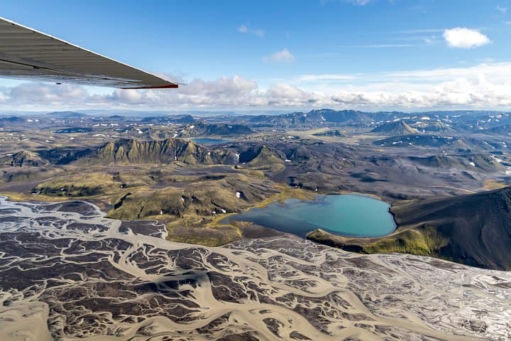 Airplane tour over black sands and riverbeds from Skaftafell