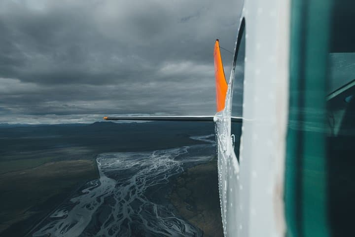 Airplane tour over black sands and riverbeds from Skaftafell
