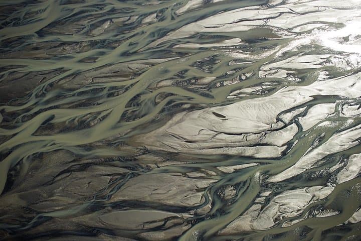 Airplane tour over black sands and riverbeds from Skaftafell
